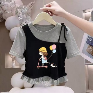 Áo thun ngắn tay giả hai mảnh cổ tròn phong cách Hàn Quốc dành cho bé gái Áo phông có đáy vừa và lớ