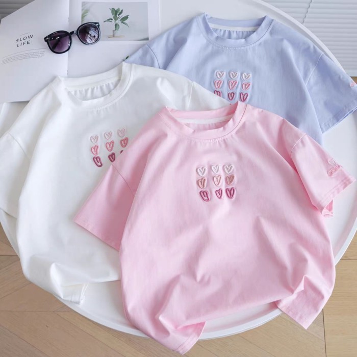 Áo thun ngắn tay  bé gái mùa hè mới kiểu cotton nguyên chất thêu áo dành cho trẻ lớn bé gái trẻ e