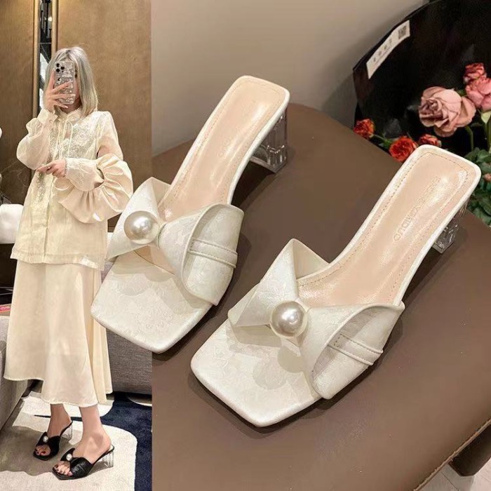 Ngọc Trai Cao Gót Dép Nữ Áo Khoác Ngoài Nơ Cổ Tích Gót Dày Pha Lê Gót