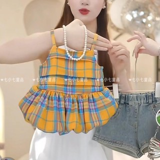 Quần áo trẻ em bé gái mùa hè phong cách Hàn Quốc kẻ sọc nụ treo áo phong cách retro bé gái không ta
