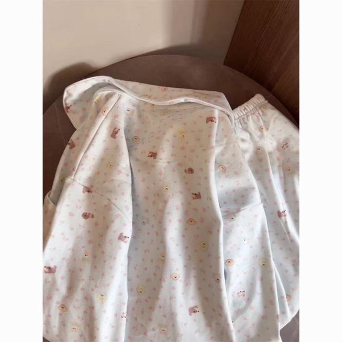 Bộ đồ ngủ màu trắng và xanh cô gái phong cách hoạt hình hoa cún con cotton dài tay và quần dà