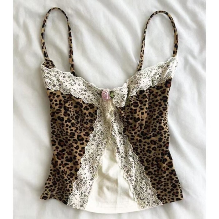 Large Size American Retro Sexy Sweet Hottie Lace Stitching Leopard Print Camisole With Bottom