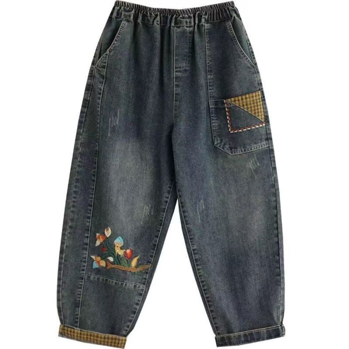 Đàn hồi thêu retro chín điểm quần jean mùa thu cao cấp bố kích thước lớn lỏng lẻo hậu cung