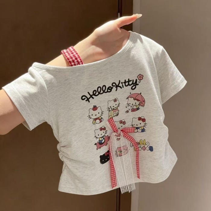 Girls' Bow Cute Cartoon Three-dimensional Lace Short-sleeved T-shirt Short Children's Versatil