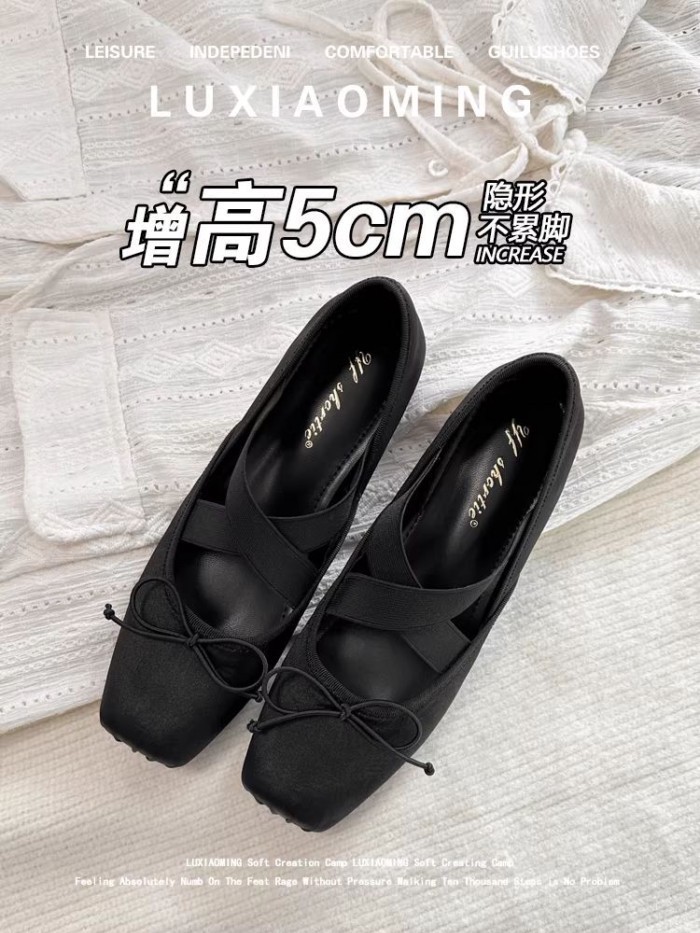 Mùa Xuân Pháp Vuông Mũi Nơ Ba Lê Giày Nữ Satin Bên Trong Tăng Chiều Cao Mary Jane Giày Đậu Hà Lan G
