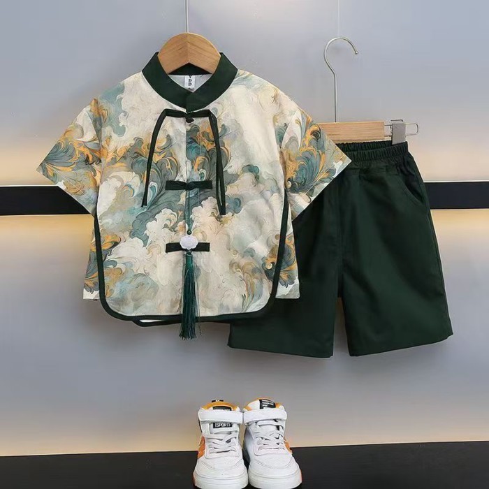 Bộ đồ hanfu bé trai mới Áo ngắn tay hai mảnh Phong cách đường phố Trung Hoa trẻ em