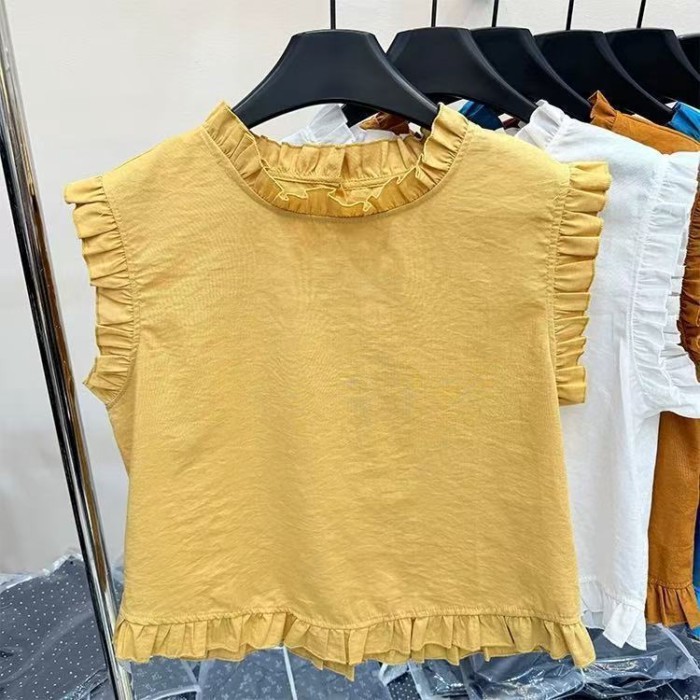 Áo sơ mi không tay phối ren cổ tròn đa năng mùa hè mới phong cách Hàn Quốc dành cho nữ Áo dáng r