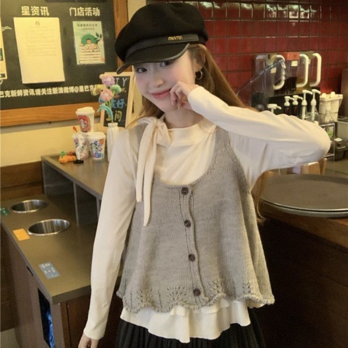 Áo Vest Dệt Kim Không Tay Cổ Tròn Thời Trang Và Đa Năng Nữ Dáng Rộng Áo Len Cardigan Dây Áo V