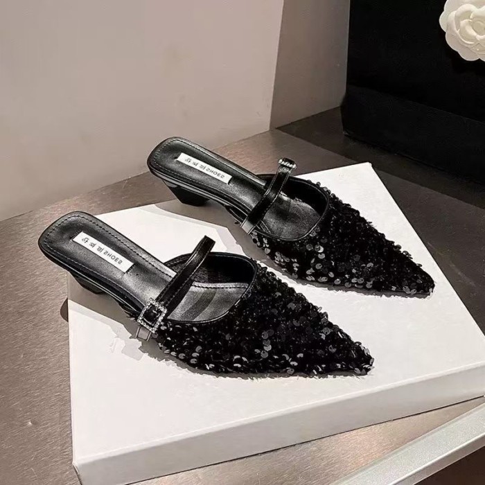 Dép xỏ ngón Baotou dành cho nữ mặc ngoài mùa hè sequin mũi nhọn Mule giày nữ sandal và dép có khóa