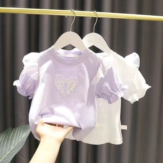Bé Gái Lưới Nhỏ Bay Tay Bé Gái Tay Phồng Mùa Hè Bé Gái Đính Hạt Cườm Nơ Nguyên Chất Áo Thun Cotton