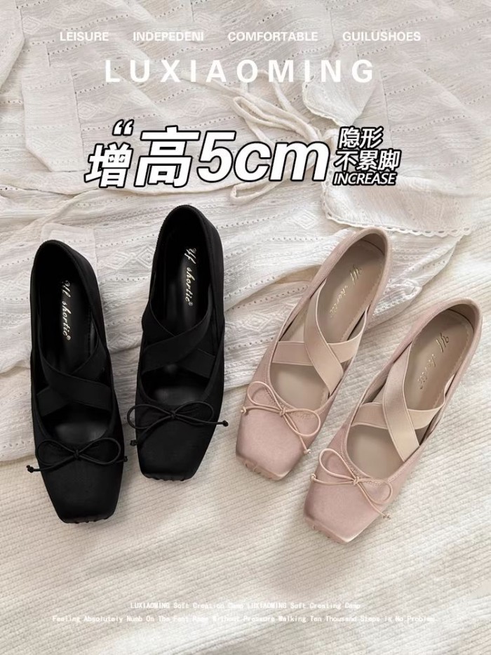 Mùa Xuân Pháp Vuông Mũi Nơ Ba Lê Giày Nữ Satin Bên Trong Tăng Chiều Cao Mary Jane Giày Đậu Hà Lan G