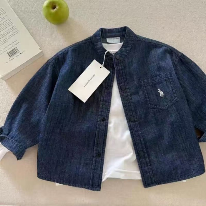 Trẻ Em Áo Sơ Mi Denim Thu Đông Bé Trai Thương Hiệu Nhật Bản Cổ Đứng Áo Sơ Mi Bé Trẻ Em Đơn Giản