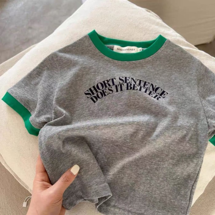Áo phông trẻ em ngắn tay bé gái mùa hè cổ tròn kiểu chữ bé trai mùa hè chất cotton màu sắc ph