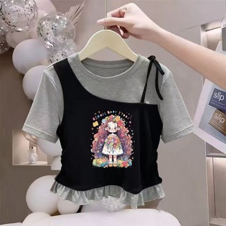 Áo thun ngắn tay giả hai mảnh cổ tròn phong cách Hàn Quốc dành cho bé gái Áo phông có đáy vừa và lớ