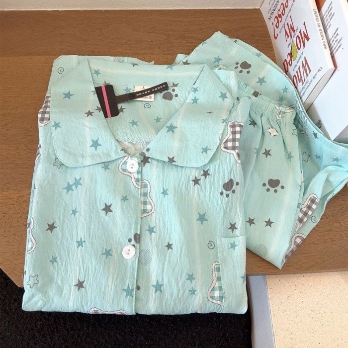 Phong Cách Văn Học Cloud Cotton Mùa Hè Xanh Bạc Hà Ngôi Sao Cardigan Bộ Đồ Ngủ Nữ Ngắn Tay Qu