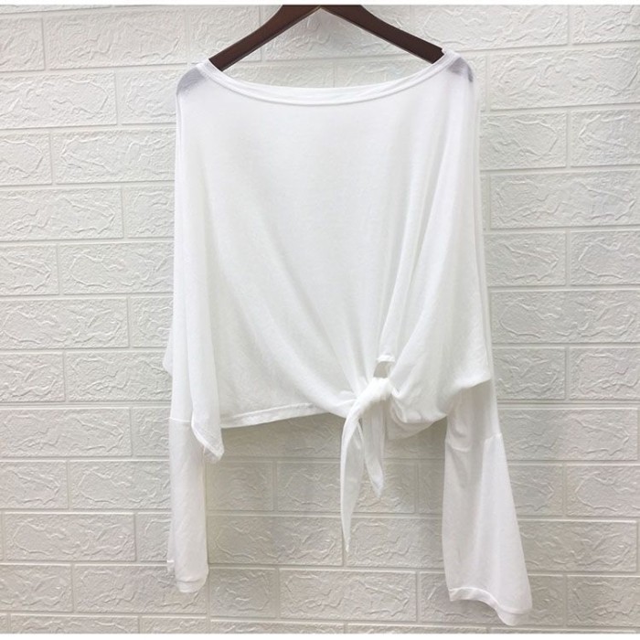 Ice Silk Nữ Mùa Hè Xẻ Không Đều Mới Mỏng Dài Tay Áo Rời Áo Top