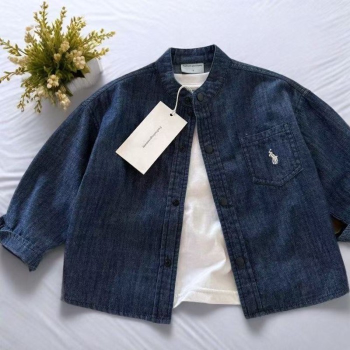 Trẻ Em Áo Sơ Mi Denim Thu Đông Bé Trai Thương Hiệu Nhật Bản Cổ Đứng Áo Sơ Mi Bé Trẻ Em Đơn Giản