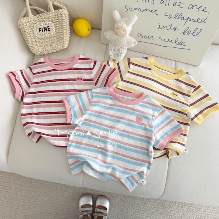 Áo thun ngắn tay bé gái mới, cotton Hàn Quốc thêu sọc, áo trẻ em sọc màu
