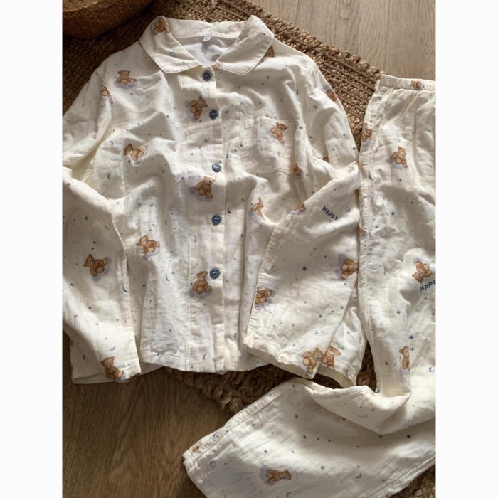 Bộ đồ ngủ in hình gấu hoạt hình dài tay cotton thoải mái mặc ở nhà Bộ áo khoác ngoài