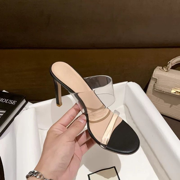đôi sandal một quai trong suốt dành cho nữ mùa hè phong cách mới Dép cao gót hở mũi màu trắng kh