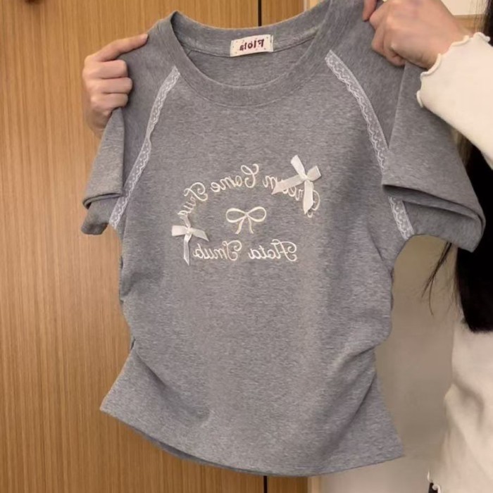 Middle And Large Children's Waist Slimming Short Top Summer Embroidered Letter Bow Lace Ragla