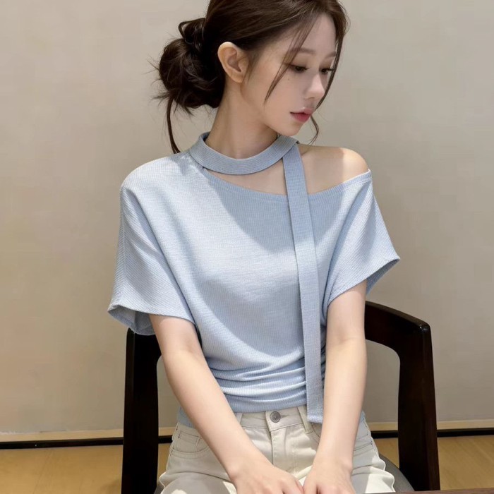 Áo thun ngắn tay dây đeo vai xiên nữ xuân hè phong cách mới eo lệch vai áo crop top