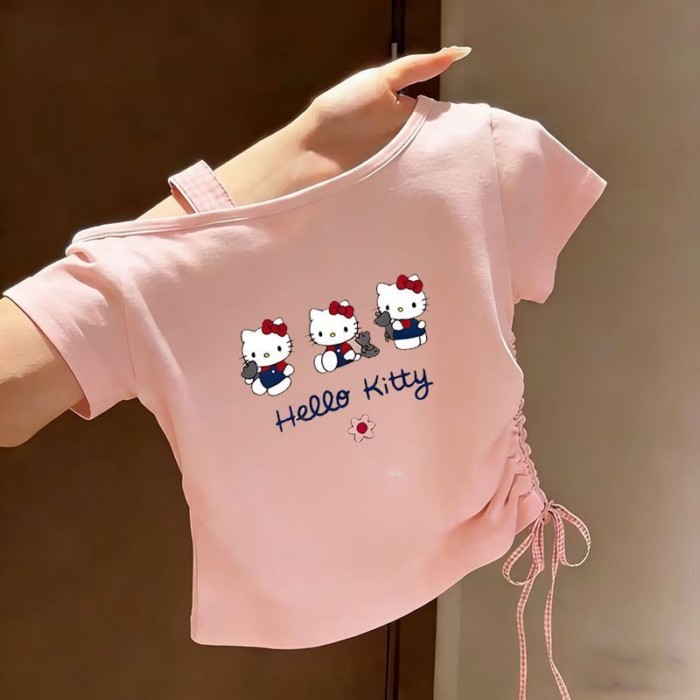 áo thun ngắn tay kẻ sọc vai hoạt hình dễ thương mới dành cho bé gái, áo thời trang, đa năng dành