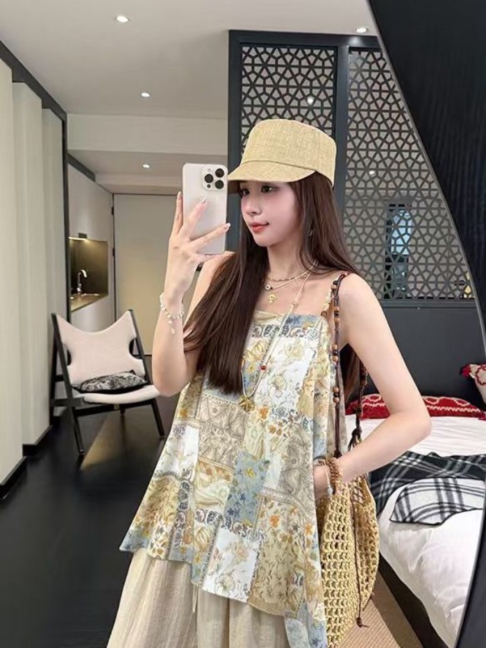 Áo dây in họa tiết kỳ nghỉ lười biếng và thoải mái dành cho nữ, thiết kế bohemian mùa hè và á