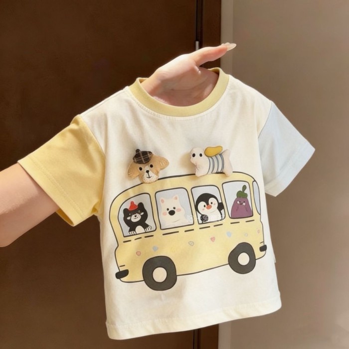 Áo thun ngắn tay in hình xe buýt hoạt hình dành cho bé trai mùa hè bằng vải cotton nguyên chấ