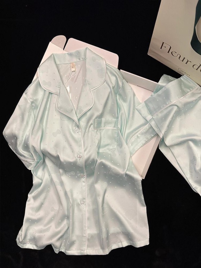 Ice Silk Bộ Đồ Ngủ Mát Mẻ của Phụ Nữ Mùa Hè Ngắn Tay Quần Short Mỏng Sweet Kitten Loose Home Quần Á