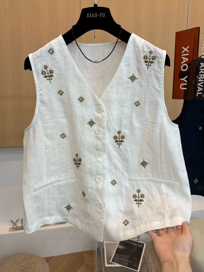 Cotton và vải lanh phong cách retro công nghiệp nặng thêu áo vest nữ mùa hè cao cấp dáng rộng