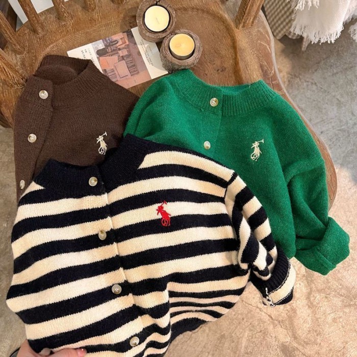 Áo len trẻ em mùa thu mới màu trơn thêu dệt kim cardigan cho bé trai và bé gái áo khoác len n