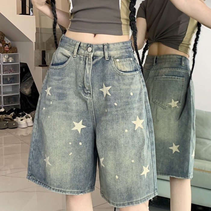 Quần short denim hình ngôi sao đau khổ theo phong cách retro Mỹ 5 điểm đường phố dành cho nữ Quầ