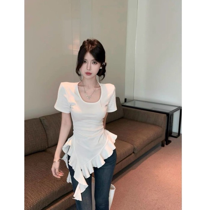 Áo thun ngắn tay nhún bèo viền không đều thiết kế kiểu Pháp, áo slim fit đa năng
