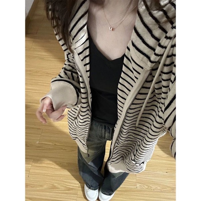 Áo khoác cardigan sọc phong cách Harajuku Hàn Quốc của phụ nữ có mũ trùm đầu thường ngày