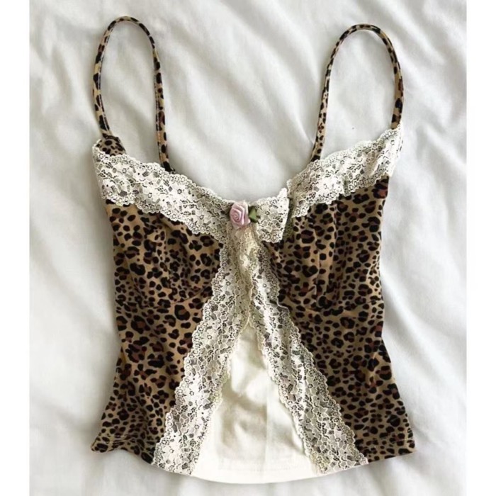 Large Size American Retro Sexy Sweet Hottie Lace Stitching Leopard Print Camisole With Bottom