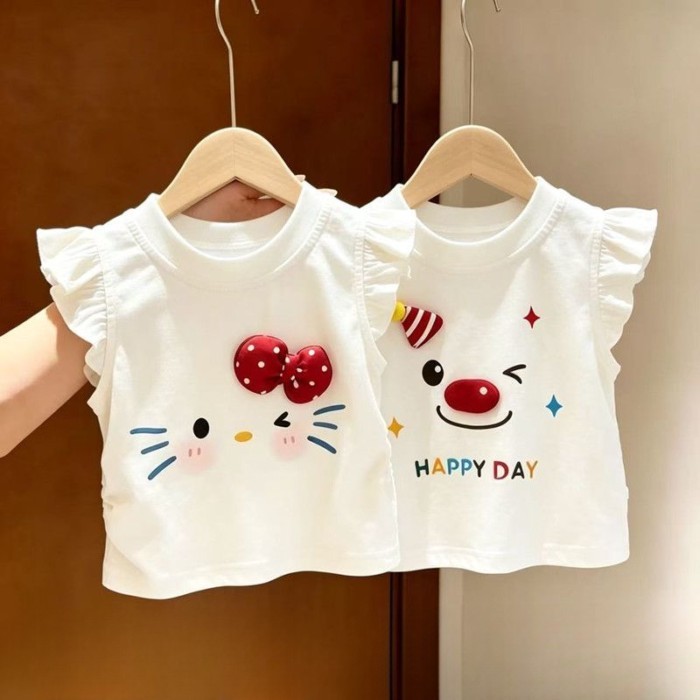Pure Cotton Cartoon Flying Sleeve Children's T-shirt Baby Girl Short-sleeved T-shirt Girl Cute