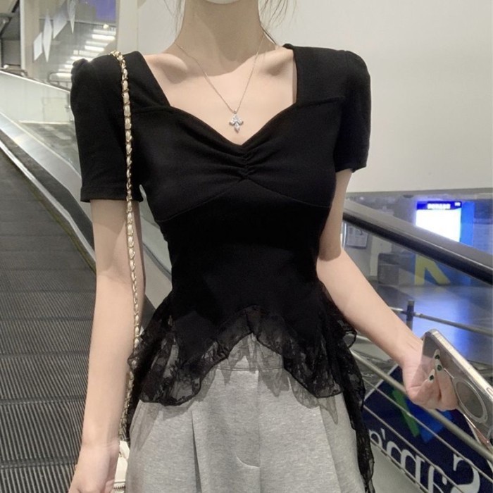 Pure Desire Hot Girl Cổ Vuông Áo Thun Nữ Tay Ngắn Nữ Mùa Hè Thiết Kế Mới Ren Nối Ngắn Tính Kh
