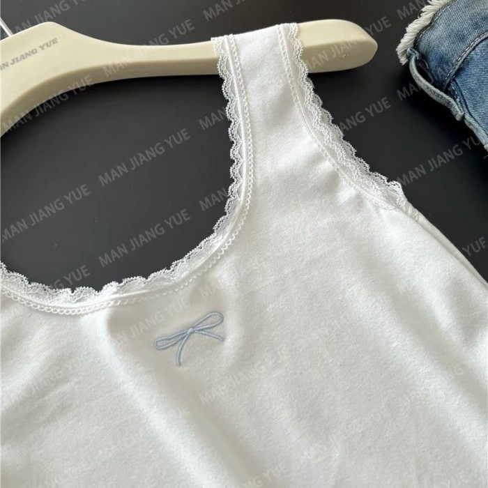nguyên chất cotton trắng phối ren không tay ôm vừa vặn bên ngoài nơ áo ren treo ngắn