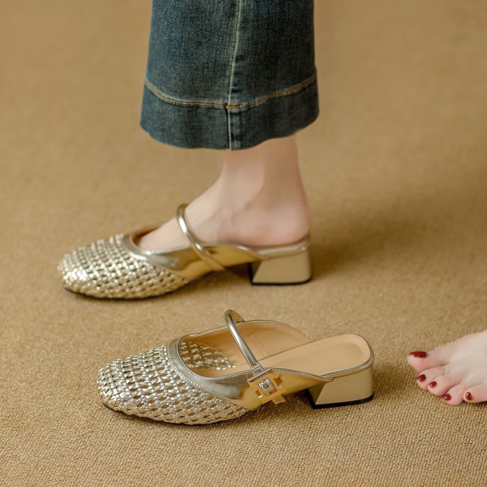 đôi sandal cao gót nhỏ mũi vuông của Pháp để mặc bên ngoài có quai một mảnh, dép mũi rỗng thích