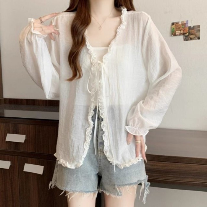 Áo cardigan dài tay chống nắng mỏng viền nấmdành cho nữ kèm khăn choàng áo mỏng