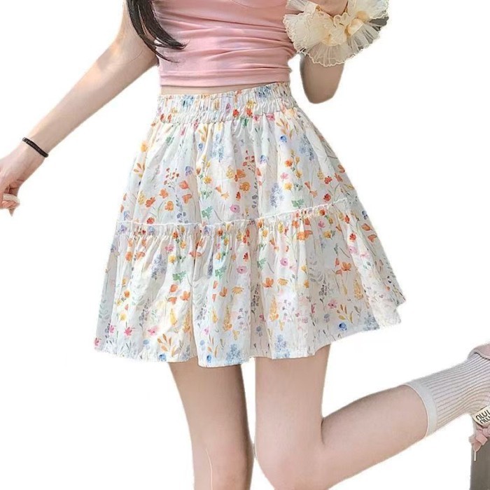 Váy hoa ngọt ngào kiểu Pháp eo cao váy bánh giảm béo phong cách Hàn Quốc