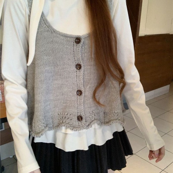 Áo Vest Dệt Kim Không Tay Cổ Tròn Thời Trang Và Đa Năng Nữ Dáng Rộng Áo Len Cardigan Dây Áo V