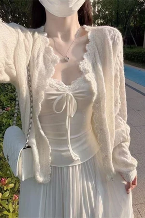 Màu trắng tinh khiết xoắn ngọc trai khóa handmade móc rỗng dệt kim cardigan cổ tròn áo len áo