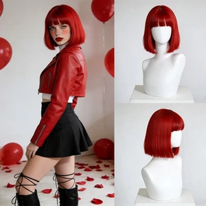 Red Ladies Bob Tóc Giả Air Bangs Carnival Vai Trò Chơi Nhiệt Độ Cao Sợi Hóa Học Tổng Hợp Mũ Đội Đầu