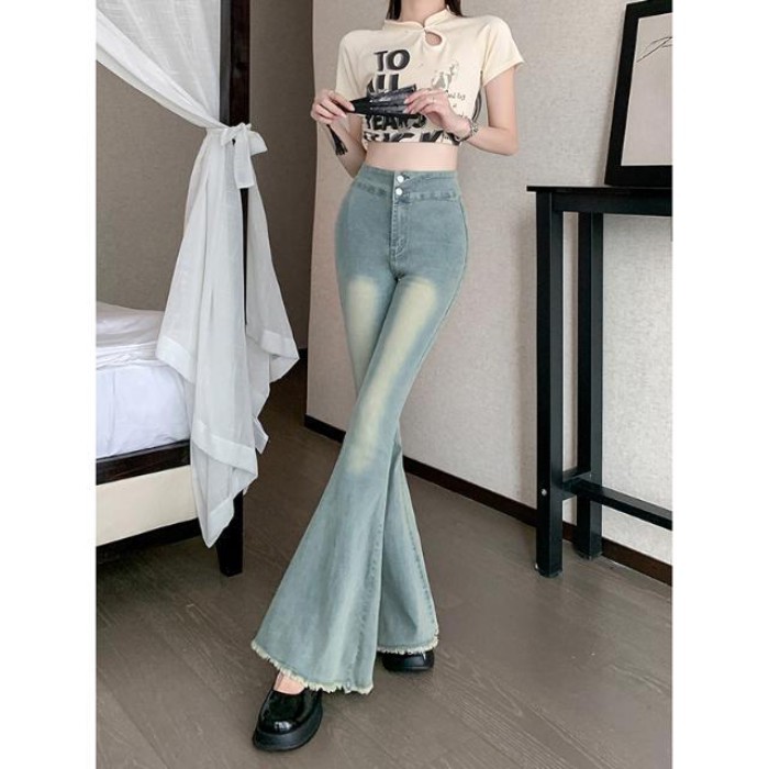 Giặt Nguyên Edge Lớn Loe Quần Jean Nữ Xuân Thu Cao Cấp Quần Ống Rộng Quần Đuôi Cá Quần Dài