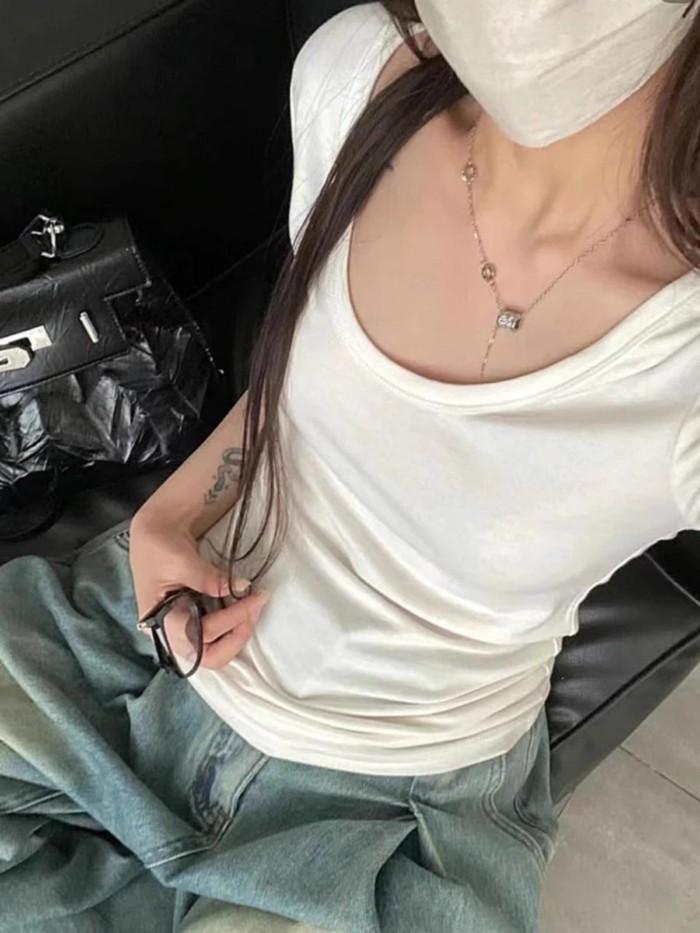 Áo thun ngắn tay vai phải co giãn cao, eo nữ tính, áo đáy mỏng đa năng