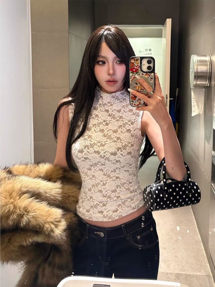 Hot girl Mỹ phong cách ren không tay nửa áo thun cao cổ dành cho nữ màu trắng giảm béo thiết