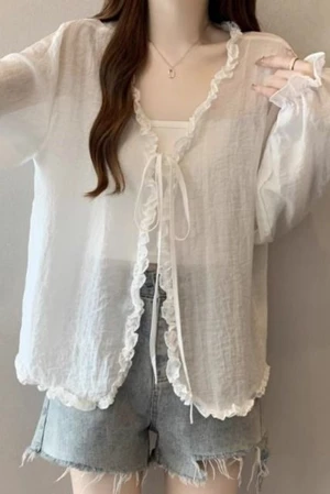 Áo cardigan dài tay chống nắng mỏng viền nấmdành cho nữ kèm khăn choàng áo mỏng