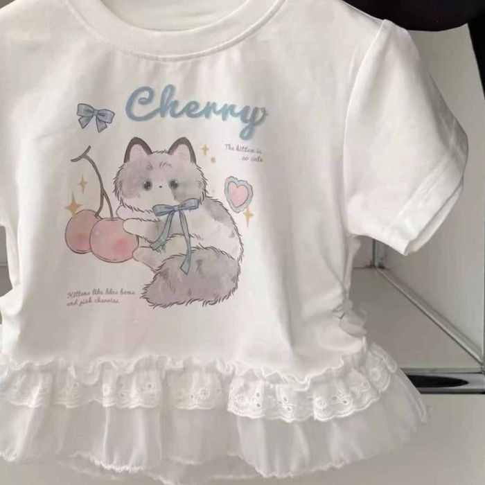 bé gái mùa hè áo phông ngọt ngào và dễ thương mới cổ ren hoạt hình áo cotton ngắn tay thời trang